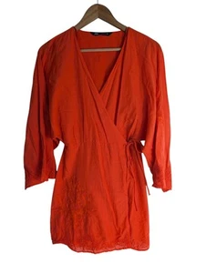 Zara Orange Wrap Dress Mini 3/4 Sleeve Embroidered Tie Waist V-neck Size S - Picture 1 of 12