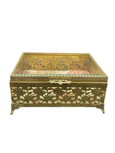 Ormolu Glass Gold Tone Jewelry Trinket Box Floral Filigree Casket READ - Picture 1 of 14