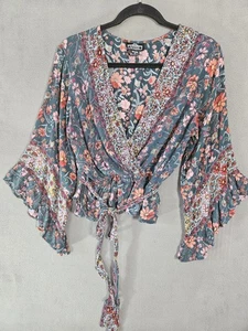 Angies Y2K Large Fairy Cottagecore Shirt Colorful Floral Flare Sleeve Vneck Crop - Picture 1 of 9