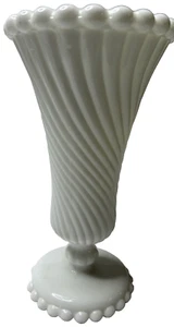 Vintage Milk Glass Trumpet Vase Swirl Pattern Beaded Edges Footed - Picture 1 of 4