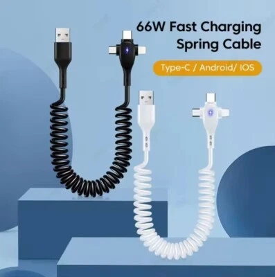 USB Kabel Typ-C+Micro+iPhone Handy Auto Ladekabel Schnellladekabel Spiralkabel - Bild 1 von 4