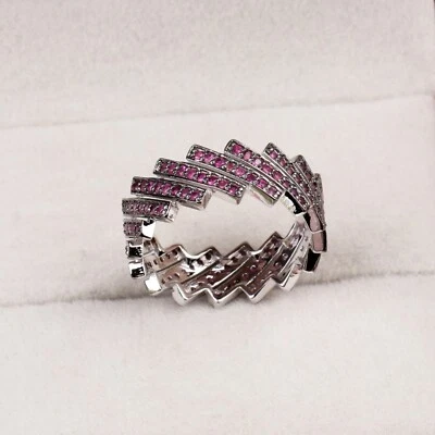 925 Sterling Silver Pave Set Ruby Diamond Eternity Wedding Band All Ring Size - Image 1 of 4