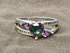 Heart-Shaped Mystic Topaz & Amethyst 925 Sterling Silver Ring - Picture 1 of 5