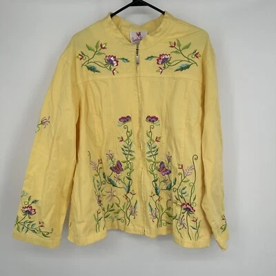 Quacker Factory Yellow Zip Up Jacket Embroidered Butterfly Garden Size 3X - Image 1 of 4