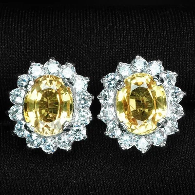 Pendientes vibrantes con halo hechos a mano de plata de ley 925 de 5,40 quilates de zafiro amarillo claro Foto 1 de 4