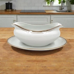 Royalton China Gravy Boat w/ Attached Underplate Gold Trim Translucent Porcelain - Picture 1 of 7