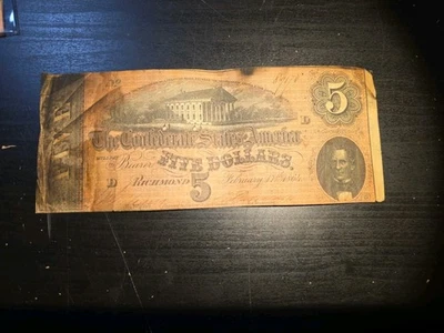 Antique 1864 $5 Confederate Bank Note D Series #89170 Richmond, VA Uncertified - Image 1 of 4