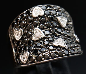 Size 9 Pave Black Spinel Heart Accent Concave Wide Band Sterling Silver Ring - Picture 1 of 10