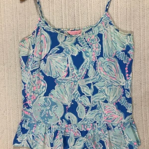 Lilly Pulitzer Tank Top M blau weiß rosa Coastal Rüschensaum ärmellos - Bild 1 von 7