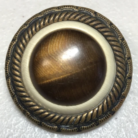 Brass Tin Button Celluloid Tiger Eye 1 1/2" Antique 2-Piece Stamped Cover