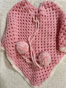 Child Girl's Crocheted Poncho Pullover Handmade Pink and White 19 1/2" H x 26" W - Picture 1 of 10