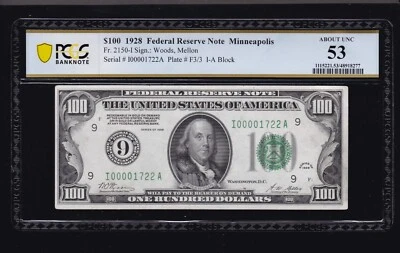 US 1928 $100 FRN Minneapolis Numeric '9' FR 2150-I PCGS 53 AU (722) - Image 1 of 2