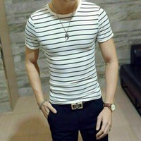 Men Stylish Tee Slim Fit Casual T-shirts Shirt Striped Fashion Short Sleeve Top