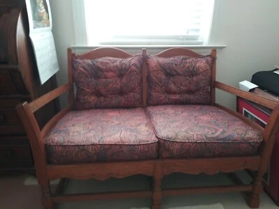 Oak antique loveseat with unique rounded arms and custom cushions  - Image 1 of 4
