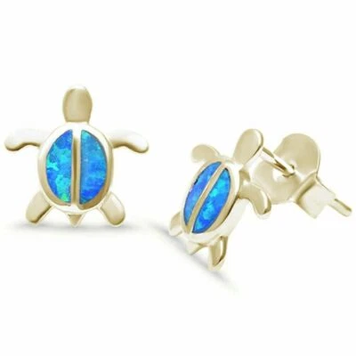 Cute! Yellow Gold Plated Blue Opal Turtle .925 Sterling Silver Earrings - Image 1 of 2