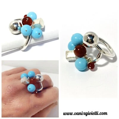 anello Argento 925 Da Donna regolabile Con Pietra Turchese E Corniola Rossa - Immagine 1 di 4