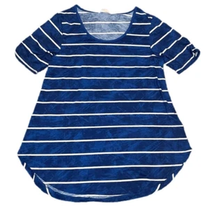 Top donna LuLaRoe Morgan taglia XS manica corta increspata orlo svasato righe blu nuovo con etichette - Foto 1 di 4