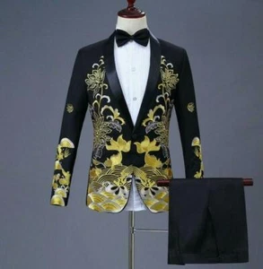 Host Costume Prom Floral Jacket Men Embroidery One Button Slim Blazers 2pc Suits - Picture 1 of 16