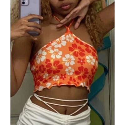 Nuevo Y2K Pequeño Halter Top Playa Hibisco Estampado Naranja Tropical Lechuga Sin respaldo Foto 1 de 3