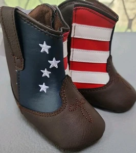 Rising Star braune Kunstleder Sterne & Streifen Flagge Stiefel Booties Größe 3-6 Monate - Bild 1 von 5