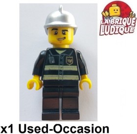Lego Minifig Figure City Firefighter Fire Man Helmet Silver Neon Band Smile USED