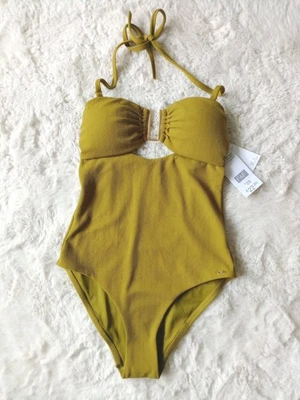 F&F Green Padded Halterneck Tie Swimsuit Swimming Costume Gold Detail Size 8 - Image 1 of 4