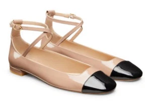 Stuart Weitzman Eden Strap Flat Fawn / Black Patent Women’s Size 6.5 B - Picture 1 of 11
