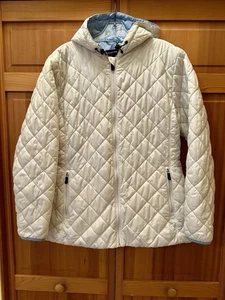 Lands End weiße Kapuzenjacke mit blauem Besatz gefüttert Primaloft Damengröße 14-16 Large - Bild 1 von 8