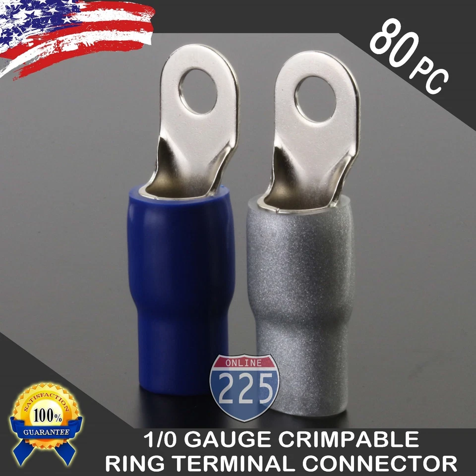 0 Gauge Platinum Ring Terminal 80 Pack 1/0 AWG Wire Crimp Blue Silver Boot 5/16" - Image 1 of 1