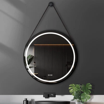 Round Led Bathroom Mirror Leather Strap Dimmable Defog Waterproof Vanity Mirror - image 1 of 4
