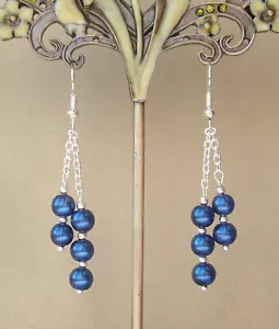 Pretty Royal Blue Glass Pearl Dangly Chain Silver Plated Drop Earrings - Picture 1 of 4