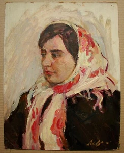 Ukrainian Soviet Oil Painting realism female portrait girl headscarf  - Picture 1 of 5