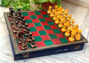 Vintage Wooden Chess Board Set Velvet box Kadam Wood Pieces Traditional Game Art - Picture 1 of 10