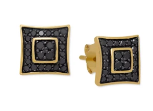 Deep Dark Black Simulated Onyx In Pure 10K Yellow Gold Men's Square Earring - Picture 1 of 4