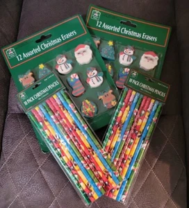 Christmas Pencils - 20 Pencils with Holiday Design 24 Christmas Erasers- New - Picture 1 of 1