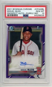 Bowman 2021 cromo Miguel Bleis 1st Bowman/250 púrpura autógrafo PSA 10 gemas como nuevo - Imagen 1 de 2