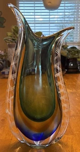Vintage MCM Fifth Ave Crystal Art Glass Vase Sommerso Style Latticino BEAUTIFUL - Picture 1 of 11