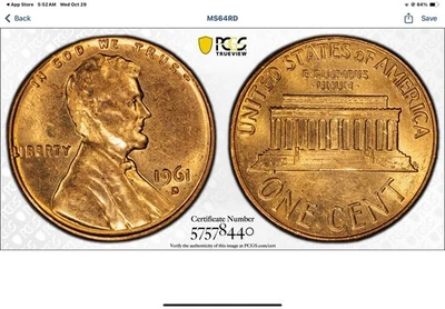 1961 D Lincoln Memorial Cent PCGS MS 64 Red - Image 1 of 4