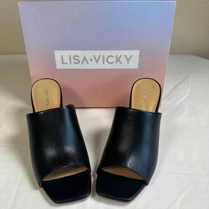 Lisa Vicky Black Heeled Mules Square Toe Block Heel Open Toe Minimalist Sandal - Picture 1 of 12