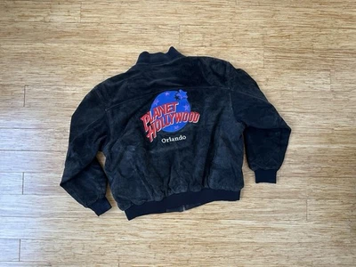Jaqueta Bombardeiro de Couro Vintage Anos 90 Planet Hollywood Orlando Tamanho XL Preta - Imagem 1 de 4