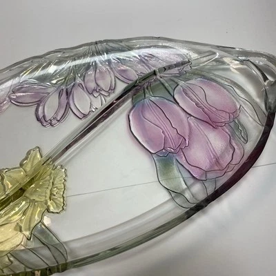 Plato de servir dividido vintage floral de vidrio en relieve 16”x9” plato de narciso tulipán Foto 1 de 4