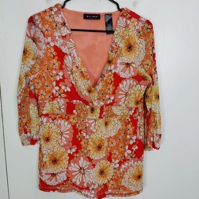 Axcess Top Womens Large Colorful Florals Babydoll Retro 70s Hippie Smocked Waist Foto 1 de 4