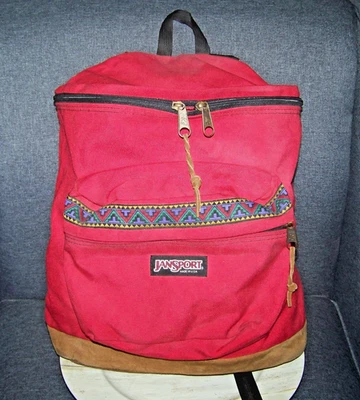 复古 Jansport 红色背包阿兹特克西南装饰麂皮绒皮革底部 90 年代 — 第 1/4 张图片