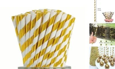 Paquete de 100 pajitas de papel a rayas doradas de lámina metálica para fiesta rayas doradas y blancas Foto 1 de 4