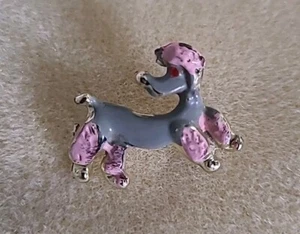 Vintage Poodle Brooch Jewelry Dog Pin Pink Grey Red Eye Silver Metal 50s - Picture 1 of 6