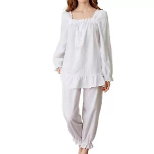 Women's Cotton Pajama Set 2 Piece Victorian Lounge Set Long Sleeve Top Pants Pjs - Picture 1 of 8