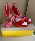 Boden Red Suede Ankle Tie Heeled Sandals, with pink rope ankle ties.