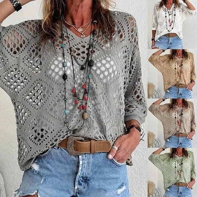 Trendy V neck Bat Sleeves Women's Sweater Blouse Diamond Hollow Apricot - Image 1 of 4