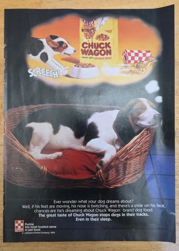 Publicidad impresa 1983 Purina Chuck Wagon comida para perros perro soñando con Chuck Wagon  Foto 1 de 1
