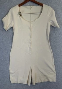 J. Crew Ribbed 100% Cotton Pajama Romper M Cream Button-Up Lounge Wear 1 Piece - Picture 1 of 11